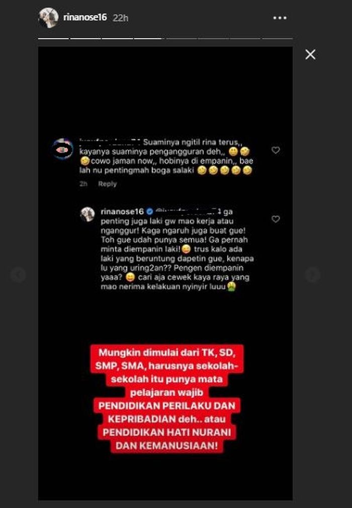 Tangkapan layar IG Story Rina Nose