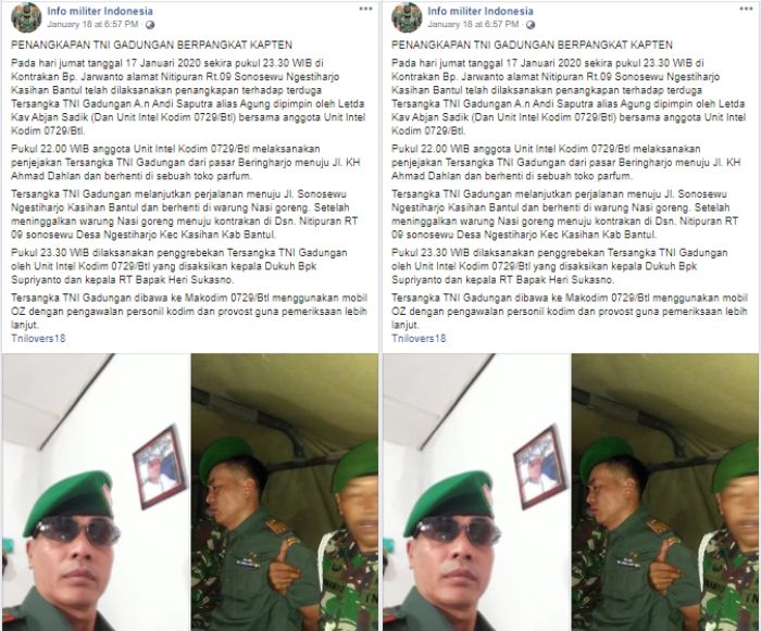 Postingan laporan tentang anggota TNI gadungan
