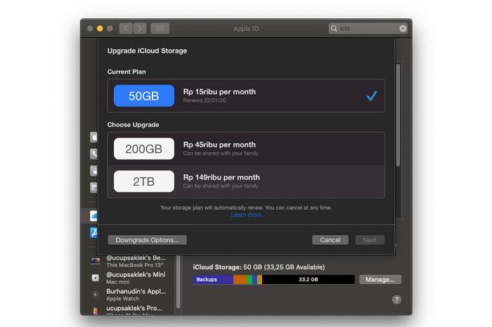 Membeli iCloud Storage Plan di macOS Mojave