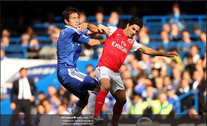 Mikel Arteta (kanan) dan Frank Lampard berduel saat masih menjadi pemain Arsenal dan Chelsea.