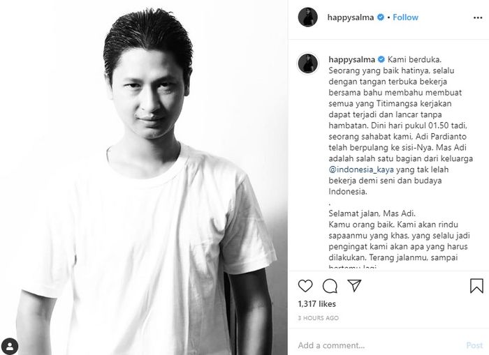 Happy Salma sampaikan kabar duka atas meninggalnya Adi Pardianto