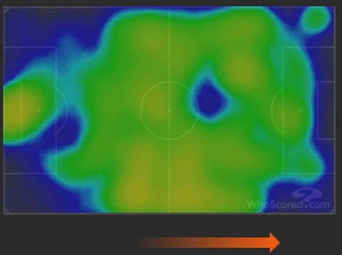 Heat map Theo Hernandez dalam laga melawan Udinese, Minggu (19/1/2020) di San Siro, di mana AC Milan bergerak menyerang ke arah kanan.