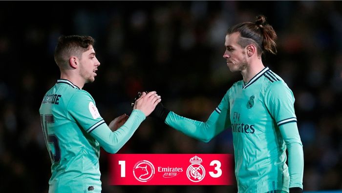 Gareth Bale (kanan), mencetak gol pembuka yang membawa Real Madrid menang 3-1 atas Unionistas de Salamanca di babak 32 besar Copa del Rey, Rabu (22/1/2020).
