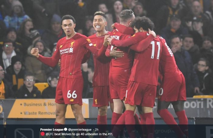 Para pemain Liverpool merayakan gol Jordan Henderson yang dicetak ke gawang Wolverhampton Wanderers pada pertandingan Liga Inggris ke-24, Kamis (23/1/2020).