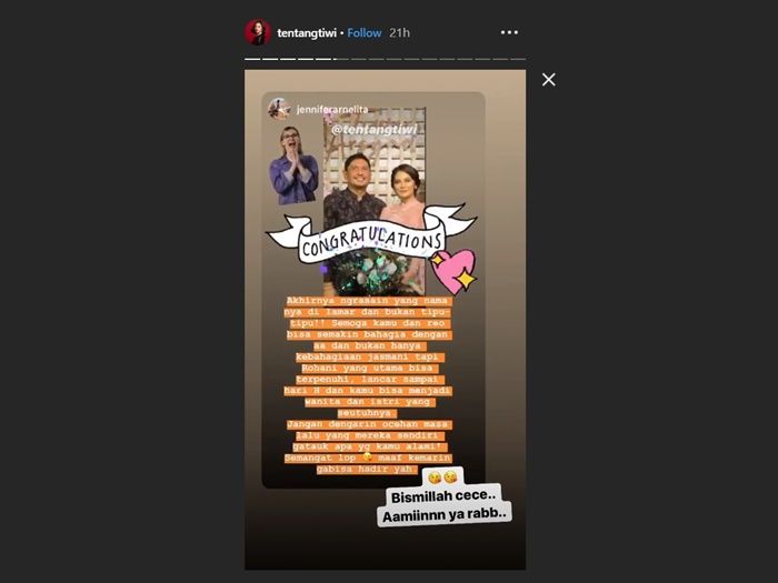 Unggahan Jennifer Arnelita yang direpost oleh Tiwi