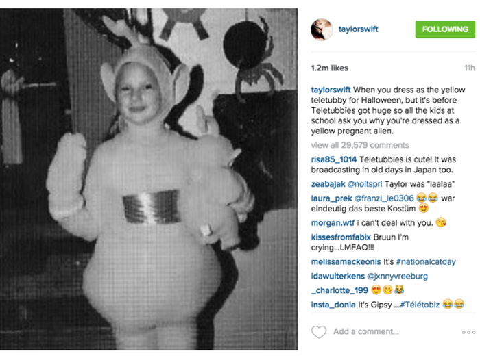 Taylor Swift menggunakan kostum teletubbies