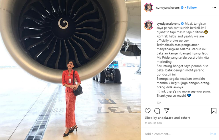 Adik kandung Kriss Hatta, Cyndyana Lorens, mengungkapkan hatinya setelah berhenti jadi pramugrari Garuda Indonesia.
