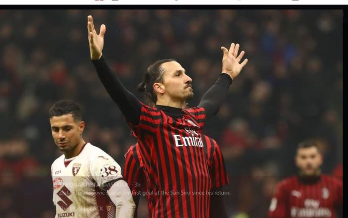 Zlatan Ibrahimovic merayakan golnya untuk AC Milan ke gawang Torino dalam partai Coppa Italia di San Siro, Milan, 28 Januari 2020.