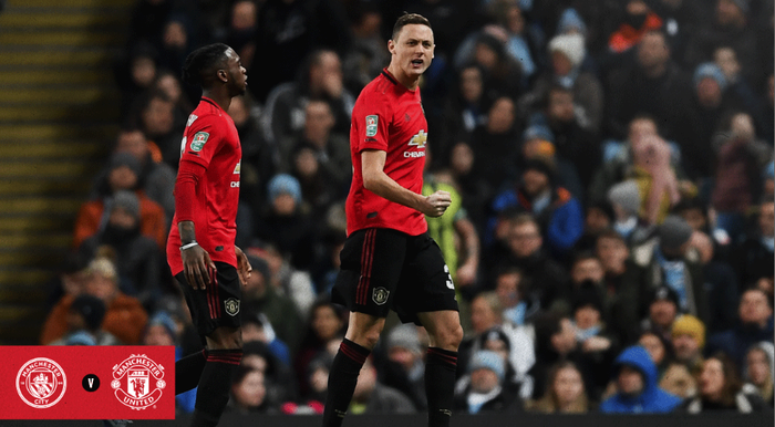 Gelandang Manchester United, Nemanja Matic saat merayakan golnya ke gawan Manchester City di pertandingan leg kedua Piala Liga Inggris.