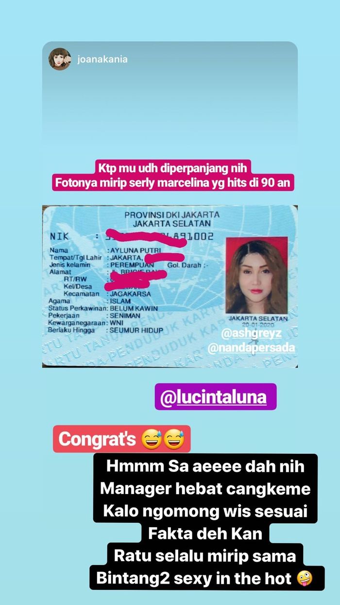 Manajer Lucinta Luna memposting sebuah unggahan KTP baru yang diketahi milik Lcinta Luna, KTP tersebut bernama Ayluna Putri berjenis kelamin perempuan