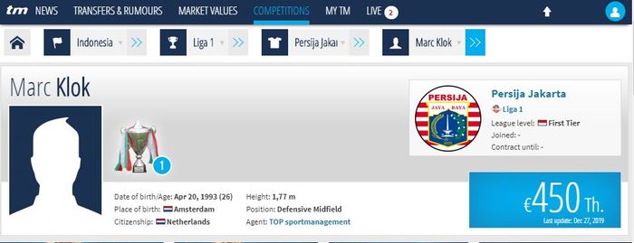 Penampakan situs Transfermarkt yang memuat Marc Klok telah gabung Persija Jakarta pada Kamis (30/1/2020).