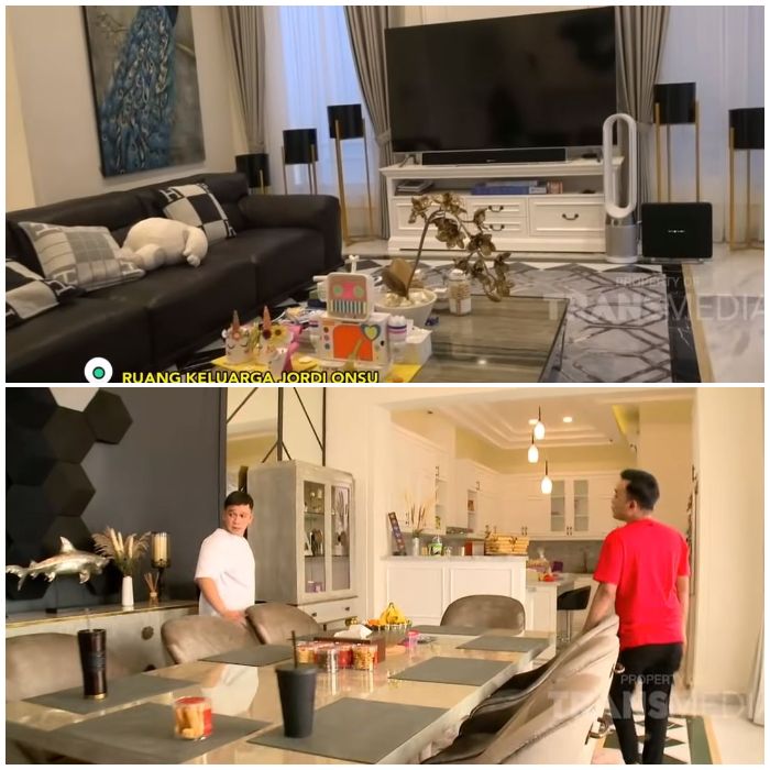 (Atas) ruang keluarga, (bawah) ruang makan dan dapur di rumah Jordi Onsu