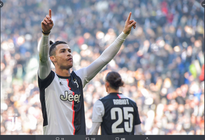 Megabintang Juventus, Cristiano Ronaldo, merayakan golnya ke gawang Fiorentina dalam laga Liga Italia di Stadion Allianz, Minggu (2/2/2020).