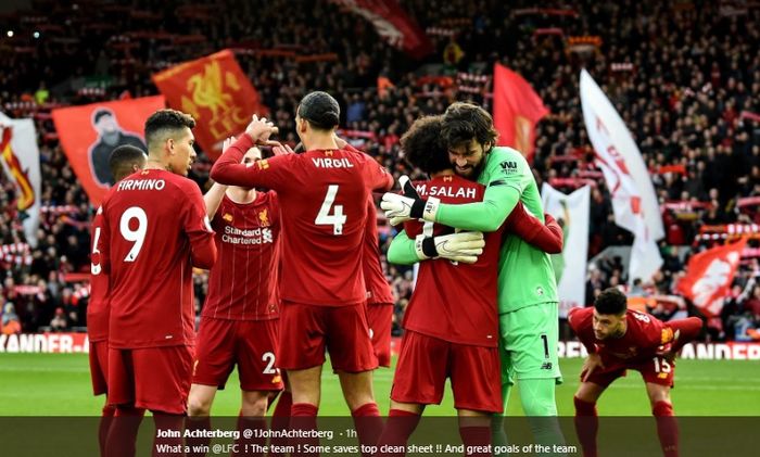 Para pemain Liverpool merayakan kemenangan telak 4-0 atas Southampton di Stadion Anfield, Sabtu (1/2/2020).