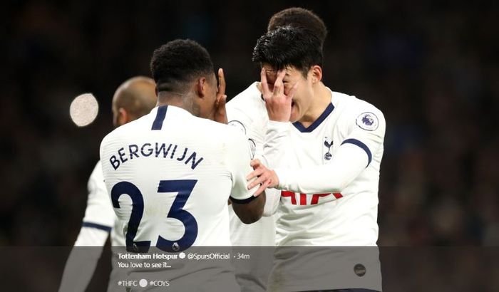 Sukacita Son Heung-min dan Steven Bergwijn setelah Tottenhm Hotspur mampu mengalahkan Manchester City pada laa pekan ke-25 Liga Inggris, Minggu (2/2/2020).