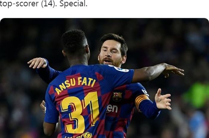 Penyerang Barcelona, Ansu Fati, merayakan golnya bersama Lionel Messi dalam laga Liga Spanyol melawan Levante di Stadion Camp Nou, Minggu (2/2/2020).