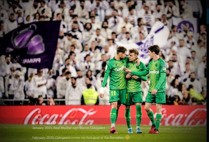 Martin Odegaard (tengah) selepas mencetak gol Real Sociedad ke gawang Real Madrid di Santiago Bernabeu, 6 Februari 2020.