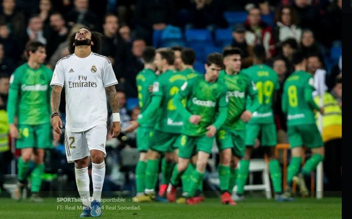 Marcelo meratapi kekalahan Real Madrid dari Real Sociedad di perempat final Copa del Rey, 6 Februari 2020.