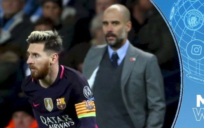 Pelatih Manchester City, Pep Guardiola, melihat ke arah megabintang Barcelona, Lionel Messi.