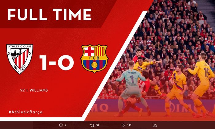 Athletic Bilbao berhasil tundukan Barcelona dengan skor tipis 1-0 setelah sundulan Inaki Williams memupus harapan mereka untuk berkompetisi di Copa Del Rey.