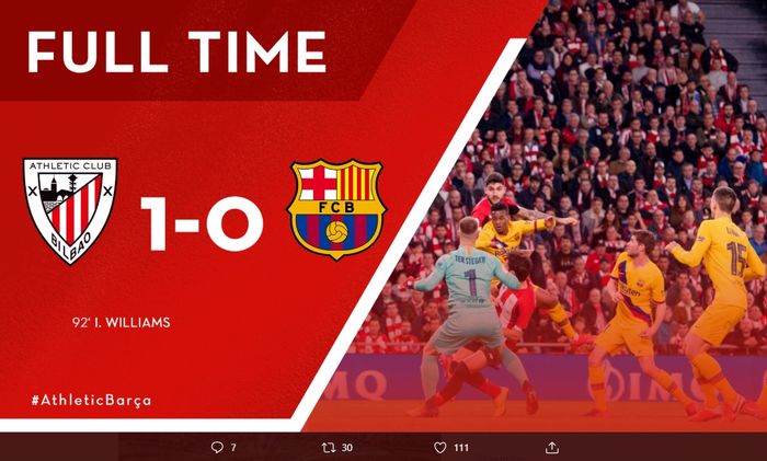 Athletic Bilbao berhasil tundukan Barcelona dengan skor tipis 1-0 setelah sundulan Inaki Williams memupus harapan mereka untuk berkompetisi di Copa Del Rey.