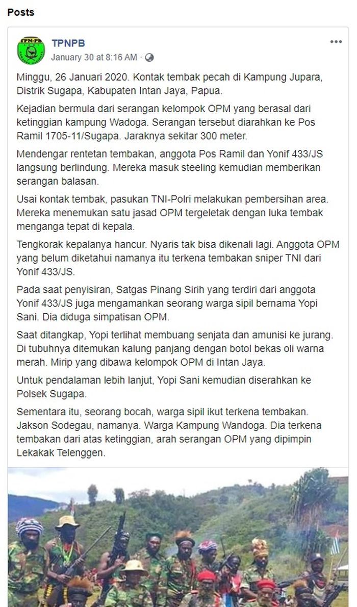 Pernyataan dari KKB Papua Facebook/TPNPB