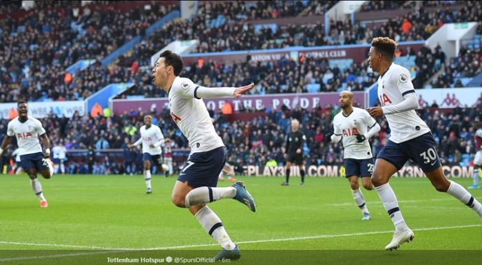 Penyerang Tottenham Hotspur, Son Heung-min, saat merayakan gol yang dicetak ke gawang Aston Villa pada laga Liga Inggris, Minggu (16/2/2020).