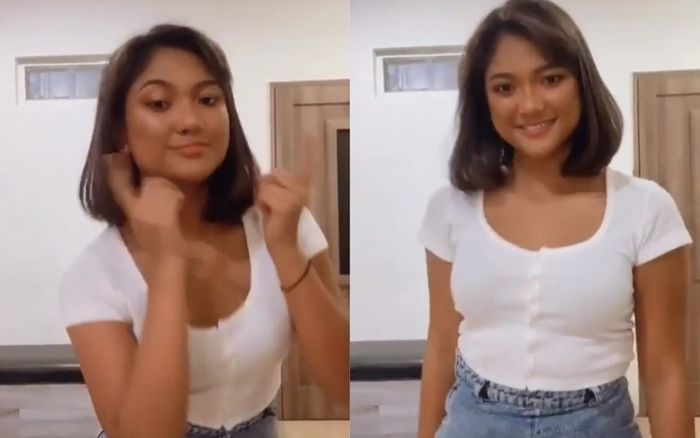 Potret Marion Jola yang terlihat seksi saat mengenakan kaus ketat di bagian dada ketika membuat konten