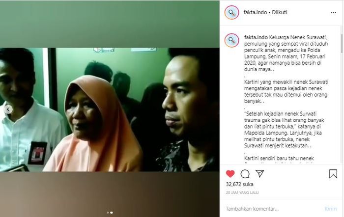 Kartini sebagai perwakilan dari keluarga melaporkan pemfitnah nenek Surawati pada kepolisian.