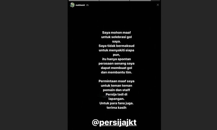 Instastory gelandang asing Persebaya Surabaya, Mahmoud Eid, terkait permohonan maaf kepada ofisial Persija Jakarta selepas final Piala Gubernur Jatim 2020.