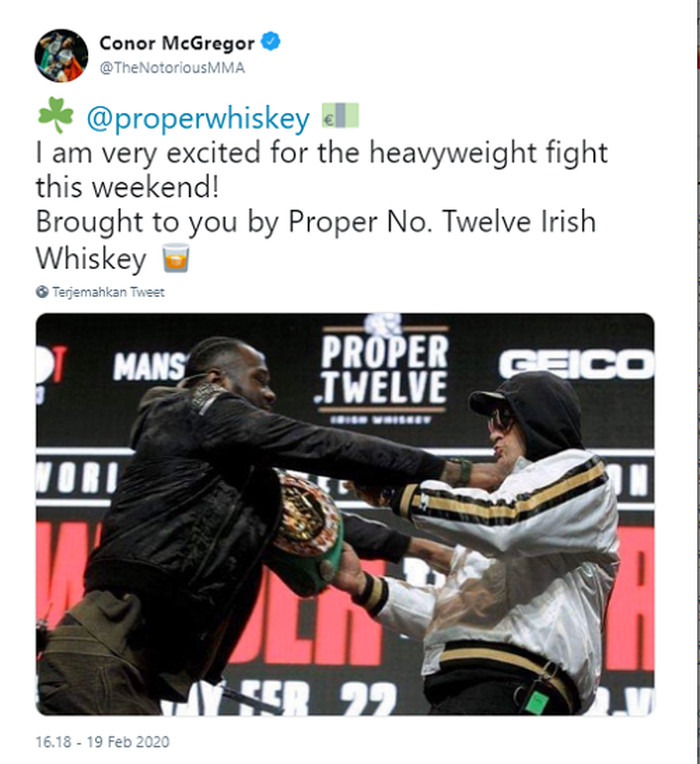Conor McGregor memanfaatkan momentum ditengah konflik Deontay Wilder dan Tyson Fury untuk mempromosikan produk dagangannya, Proper Twelve. 