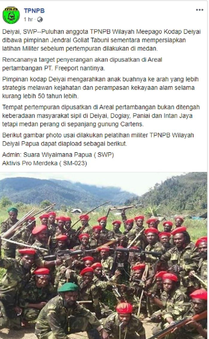 Postingan KKB Papua di facebook, rencana serang Freeport