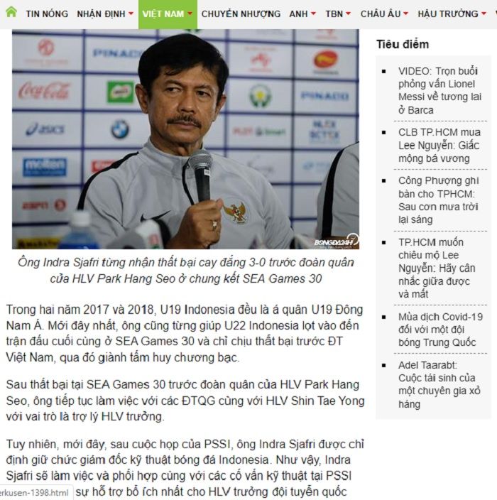 Pemberitaan media Vietnam terkait jabatan baru Indra Sjafri di timnas Indonesia.