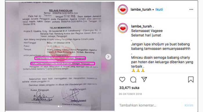 Surat gugatan cerai yang dilayangkan Shinta Regina untuk Charly Van Houten