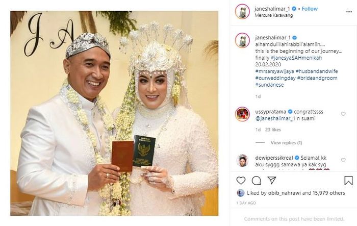 Potret pernikahan Jane Shalimar (21/2/2020) lalu
