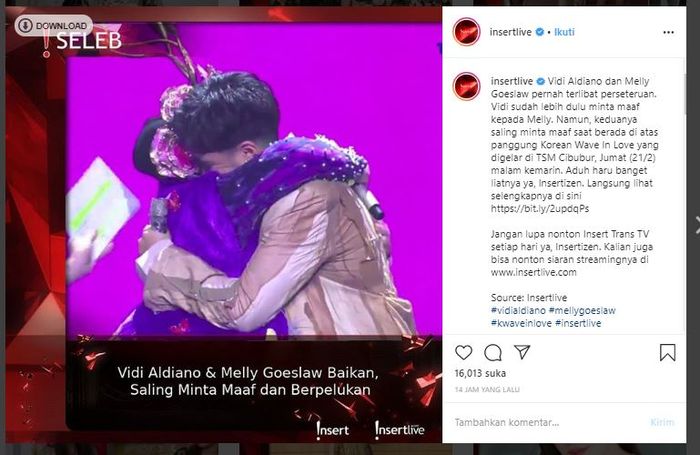 Vidi Aldiano dan Melly Goeslow berpelukan erat.