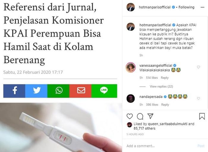 Unggahan Hotman Paris soal pernyataan Komisioner KPAI
