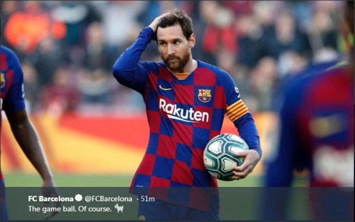 Ekspresi megabintang Barcelona, Lionel Messi, dalam laga Liga Spanyol kontra Eibar di Stadion Camp Nou, Sabtu (22/2/2020).