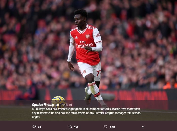 Pemain serba bisa Arsenal yang mendapat julukan Si Cabe Kecil dari Pierre-Emerick Aubameyang, Bukayo Saka.