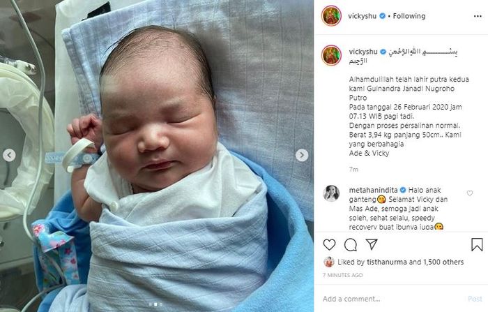 Vicky Shu lahirkan anak keduanya secara normal, Rabu (26/2/2020).