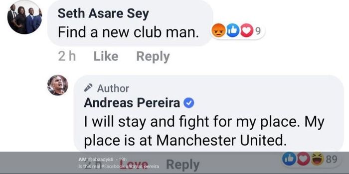 Tanggapan Andreas Pereira terhadap komentar pendukung Manchester United yang menyuruhnya untuk pergi dari klub.