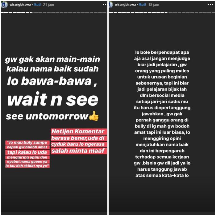 Wirang Birawa geram pada warganet yang nynyir padanya