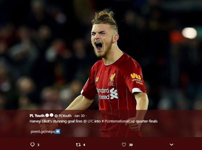 Gelandang muda klub Liverpool, Harvey Elliot.