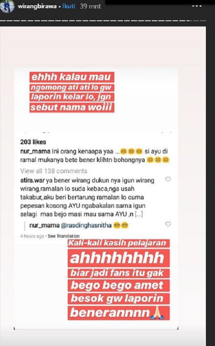 Wirang birawa beri ancaman pada warganet yang nyinyir