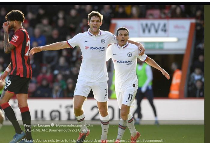 Marcos Alonso (kiri) mencetak dua gol saat Chelsea bertamu ke Bournemouth dalam lanjutan Liga Inggris, 29 Februari 2020.