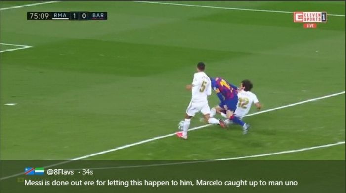 Tekel bek Real Madrid, Marcelo, terhadap Lionel Messi dalam duel kontra Barcelona pada Minggu (1/3/2020).