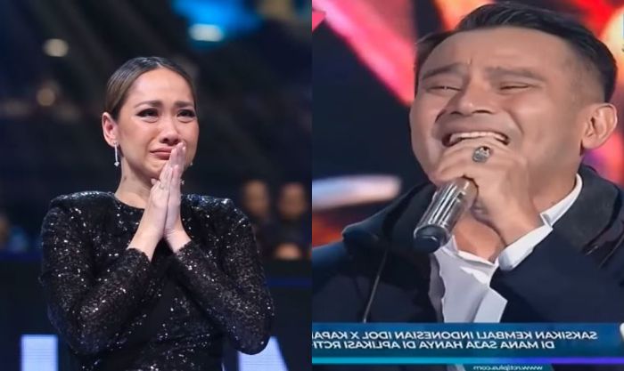 BCL dalam balutan gaun hitam memberikan standing applause setelah melihat penampilan Judika di atas panggung Indonesian Idol