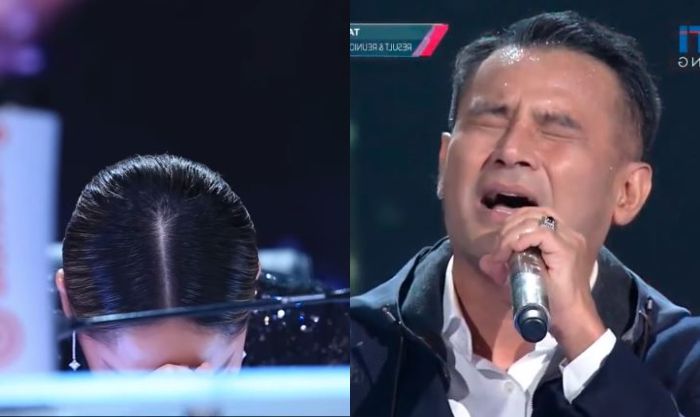 BCL dalam balutan gaun hitam nangis sesenggukan saat melihat penampilan Judika di atas panggung Indonesian Idol
