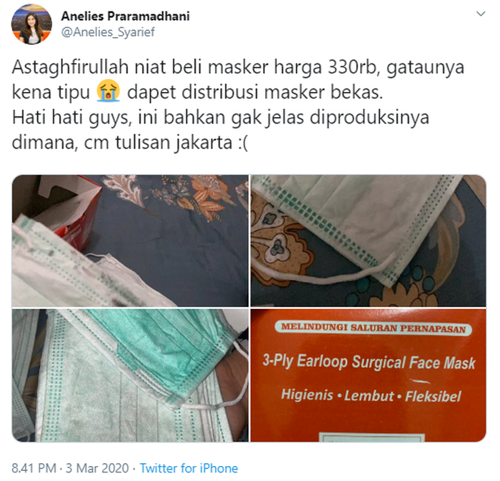 Viral di Twitter, wanita di Jogja tertipu usai membeli masker justru dapat yang bekas pakai.