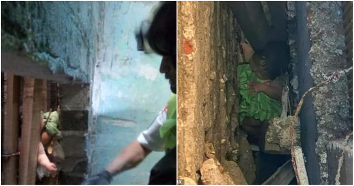 Mereka menemukan bayi terjebak di antara dinding.